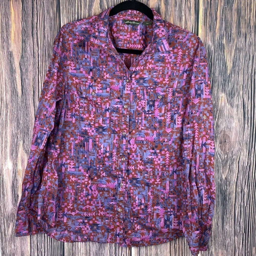 Woman’s Eddie Bauer Purple Print Button Down Shirt- Size L